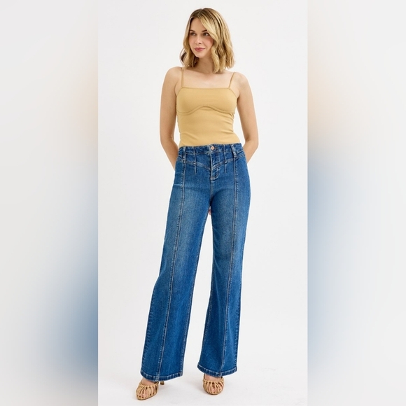 Risen Jeans Denim - Risen High Rise Dark Wash Front Yoke Seam Detail Wide Leg Jeans Various NEW